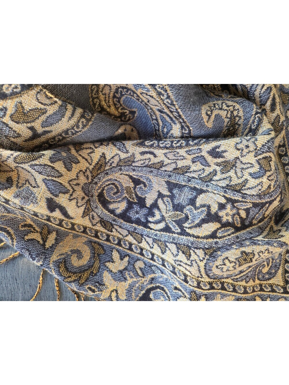 Elegant Gold and Black Paisley Patterned Shawl or scarf with Fringe Edges - Picture 4 of 6